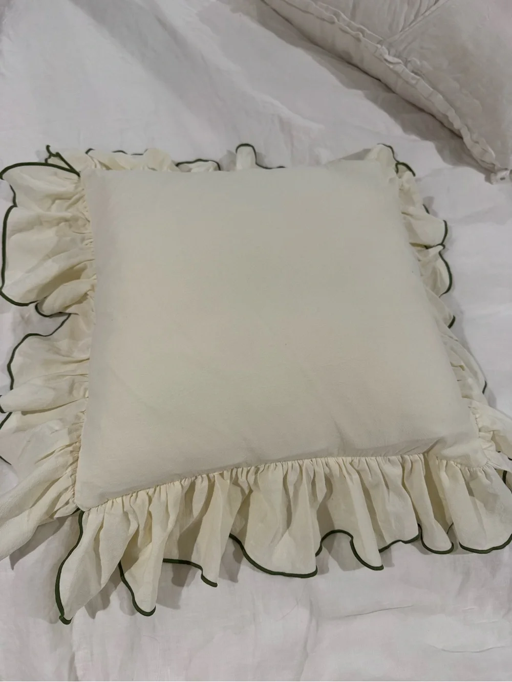 Ruffled Square Pillow with Green Piped Edge - Cream